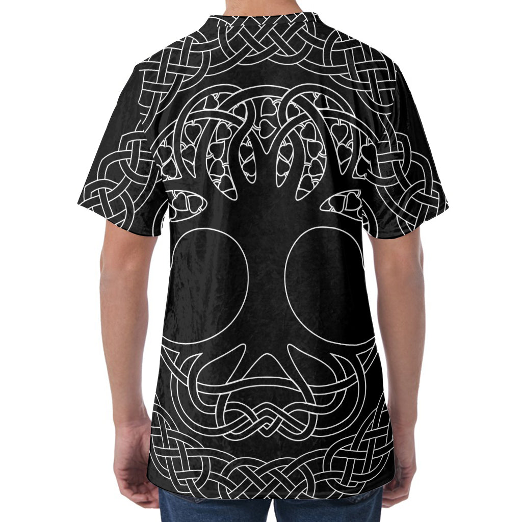 Black And White Viking Yggdrasil Print Men's Velvet T-Shirt