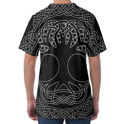 Black And White Viking Yggdrasil Print Men's Velvet T-Shirt