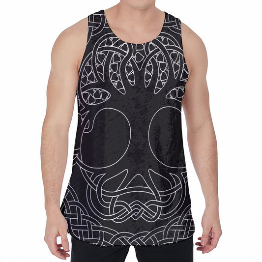 Black And White Viking Yggdrasil Print Men's Velvet Tank Top