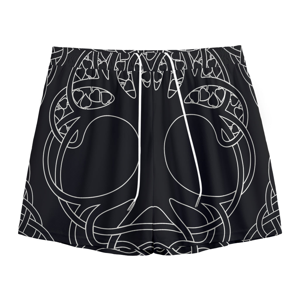 Black And White Viking Yggdrasil Print Mesh Shorts