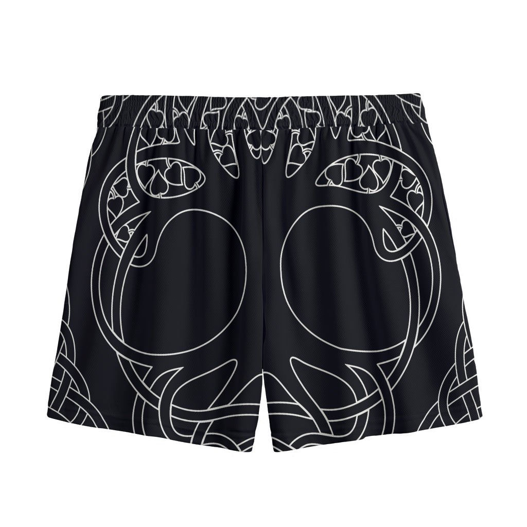 Black And White Viking Yggdrasil Print Mesh Shorts