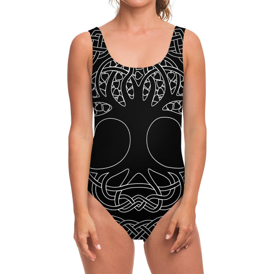 Black And White Viking Yggdrasil Print One Piece Swimsuit