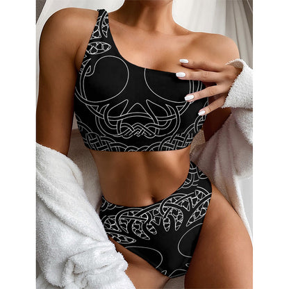 Black And White Viking Yggdrasil Print One Shoulder Bikini Top
