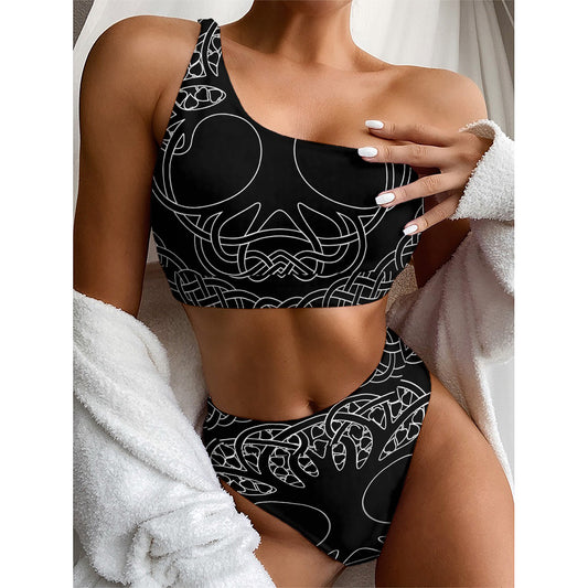 Black And White Viking Yggdrasil Print One Shoulder Bikini Top