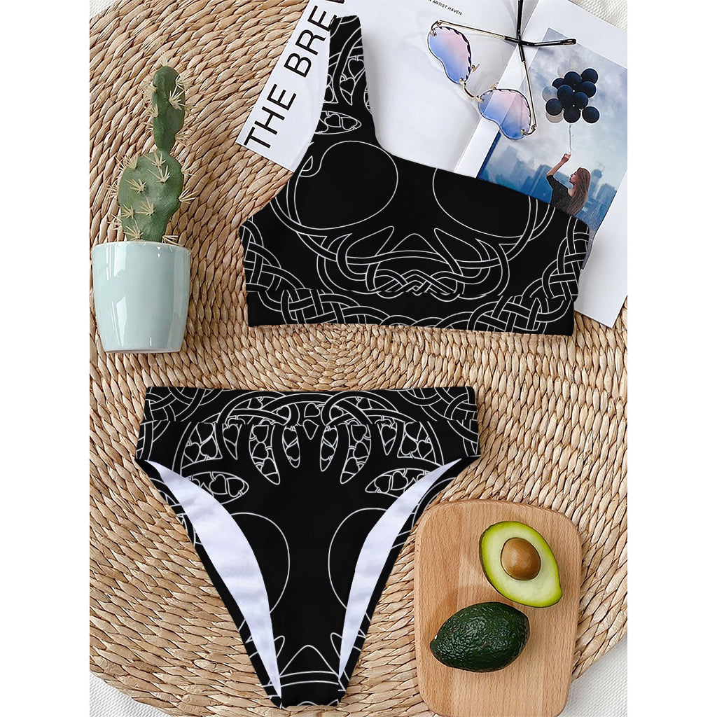 Black And White Viking Yggdrasil Print One Shoulder Bikini Top