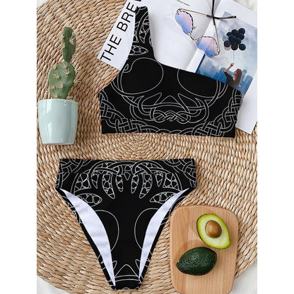 Black And White Viking Yggdrasil Print One Shoulder Bikini Top