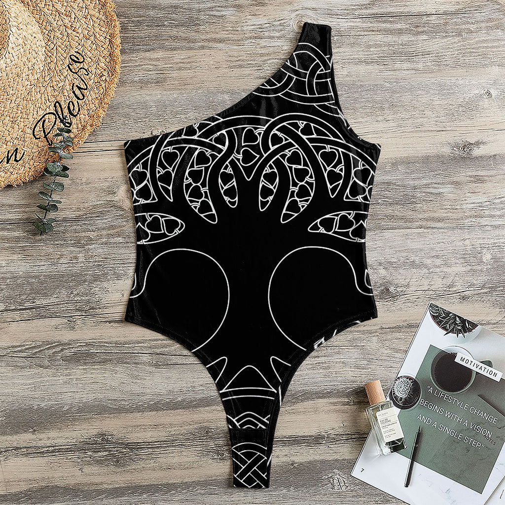 Black And White Viking Yggdrasil Print One Shoulder Bodysuit