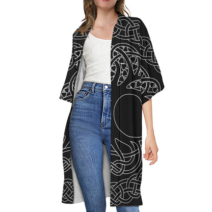 Black And White Viking Yggdrasil Print Open Front Beach Cover Up