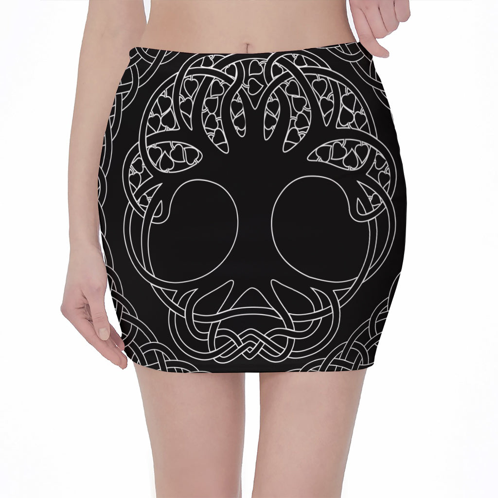 Black And White Viking Yggdrasil Print Pencil Mini Skirt