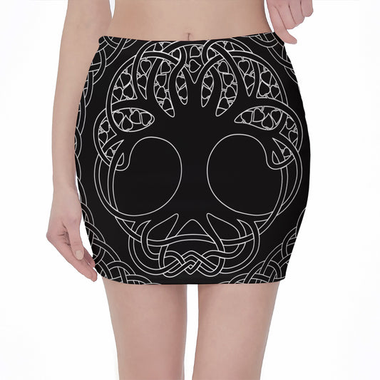 Black And White Viking Yggdrasil Print Pencil Mini Skirt