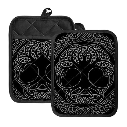 Black And White Viking Yggdrasil Print Pot Holders With Pocket