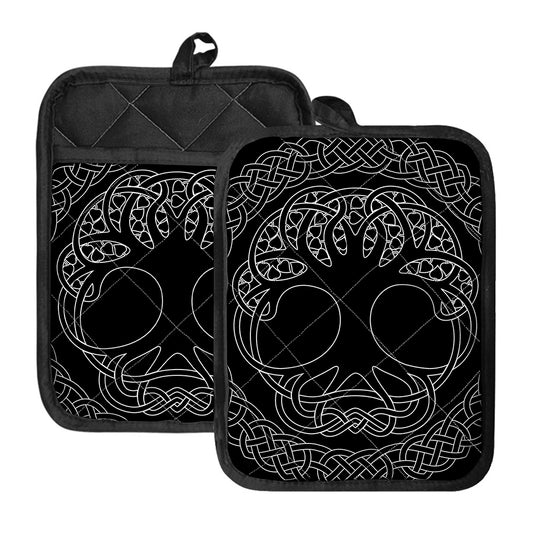 Black And White Viking Yggdrasil Print Pot Holders With Pocket