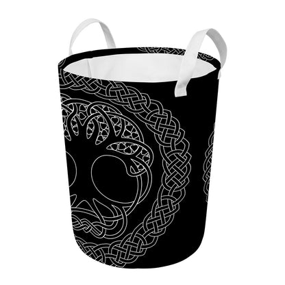 Black And White Viking Yggdrasil Print Round Laundry Basket