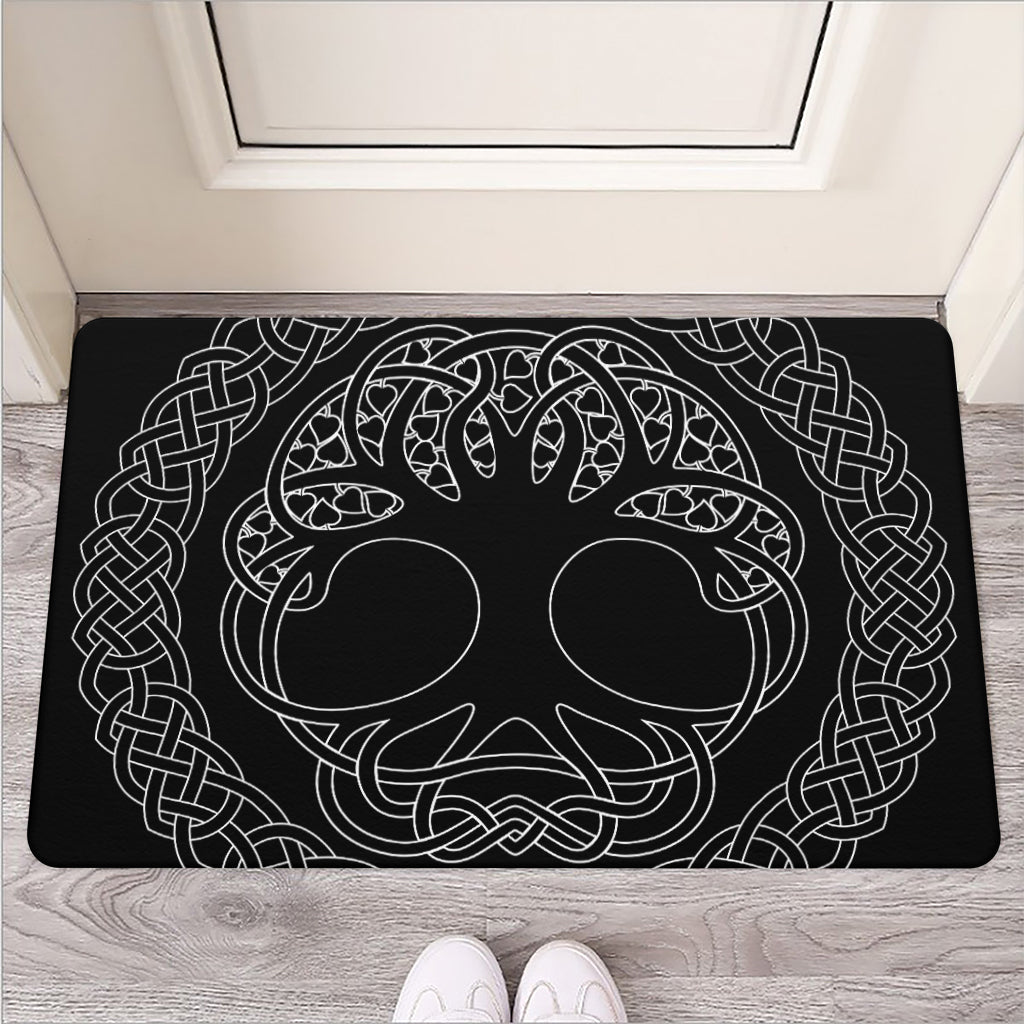 Black And White Viking Yggdrasil Print Rubber Doormat