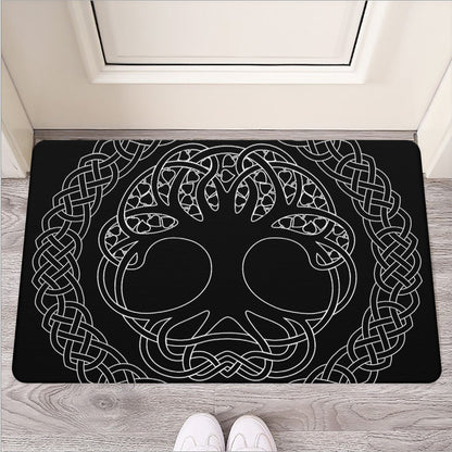 Black And White Viking Yggdrasil Print Rubber Doormat