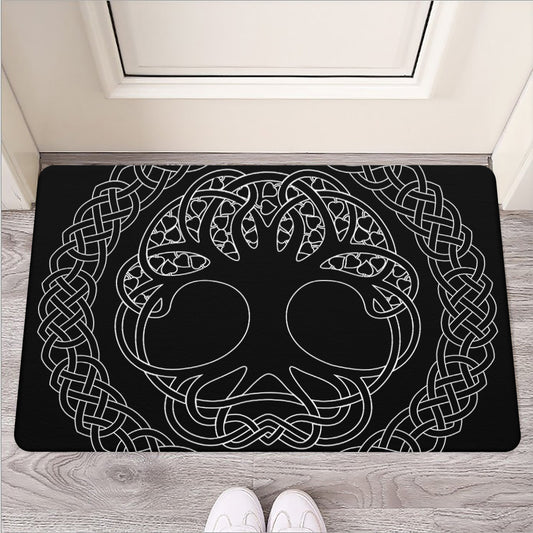 Black And White Viking Yggdrasil Print Rubber Doormat