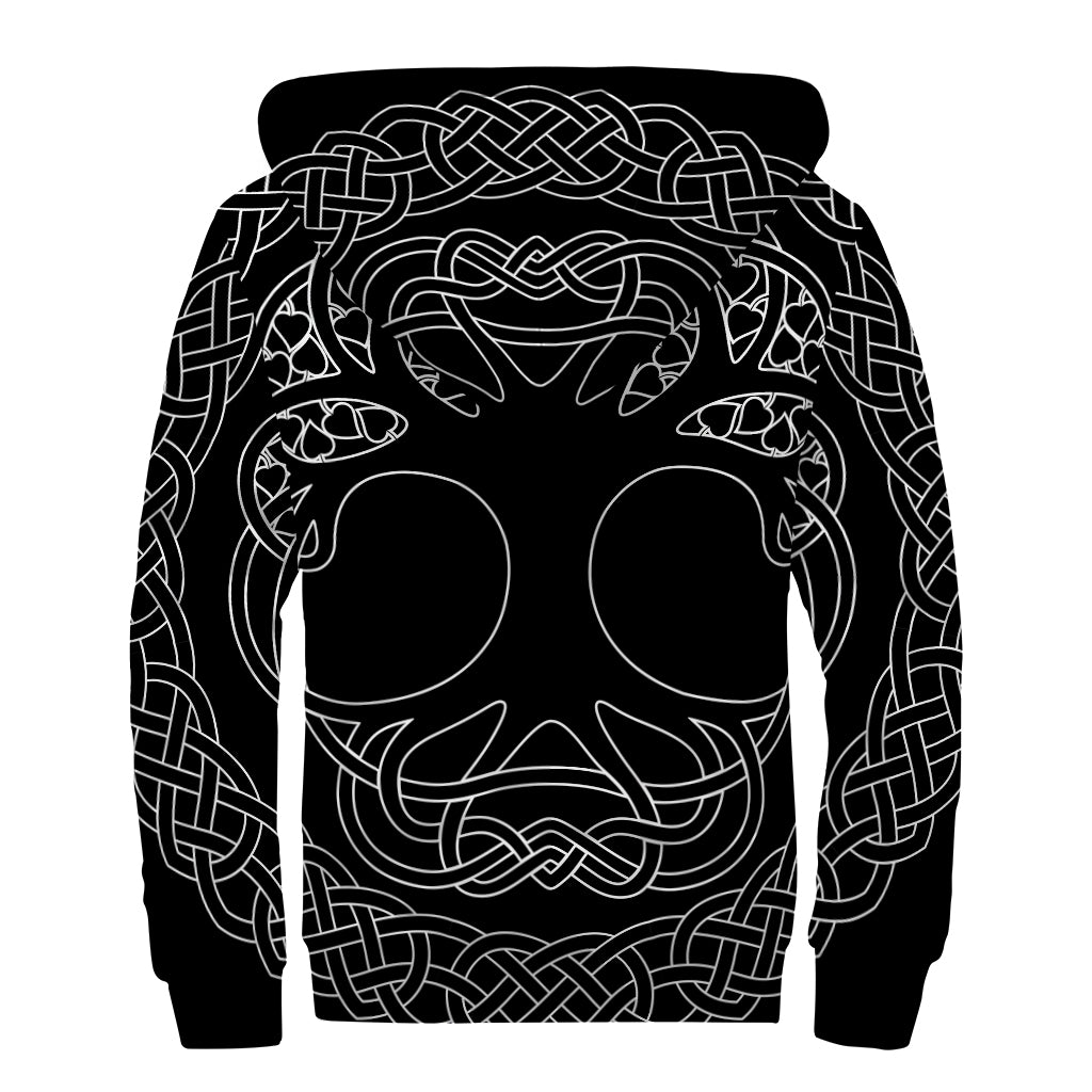 Black And White Viking Yggdrasil Print Sherpa Lined Zip Up Hoodie