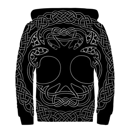 Black And White Viking Yggdrasil Print Sherpa Lined Zip Up Hoodie