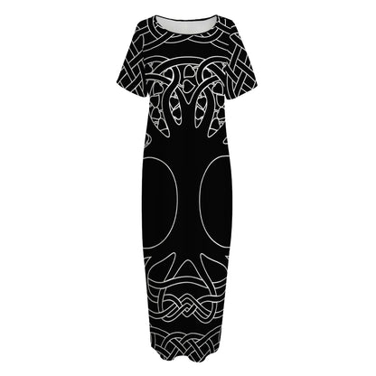 Black And White Viking Yggdrasil Print Short Sleeve Long Nightdress
