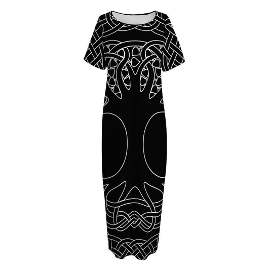 Black And White Viking Yggdrasil Print Short Sleeve Long Nightdress
