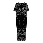 Black And White Viking Yggdrasil Print Short Sleeve Long Nightdress