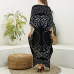 Black And White Viking Yggdrasil Print Silk V-Neck Kaftan Dress
