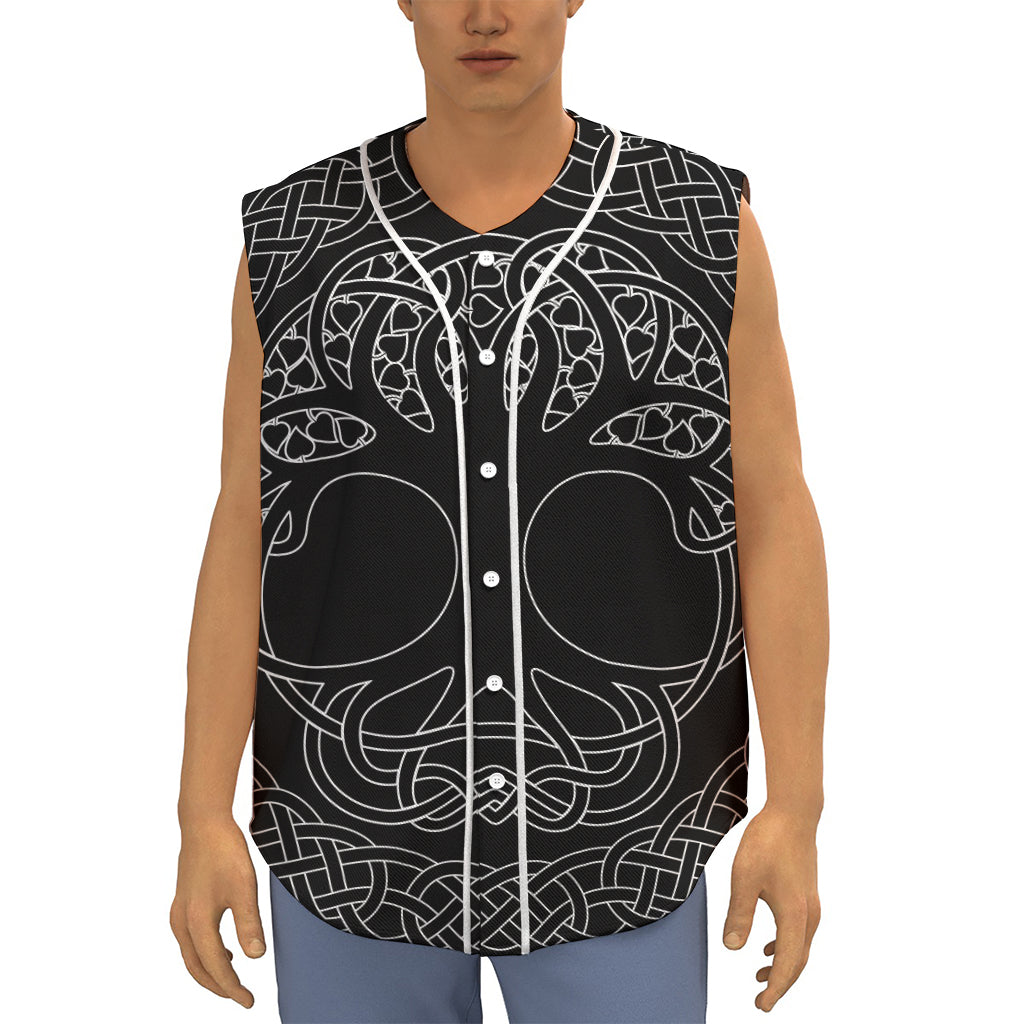 Black And White Viking Yggdrasil Print Sleeveless Baseball Jersey