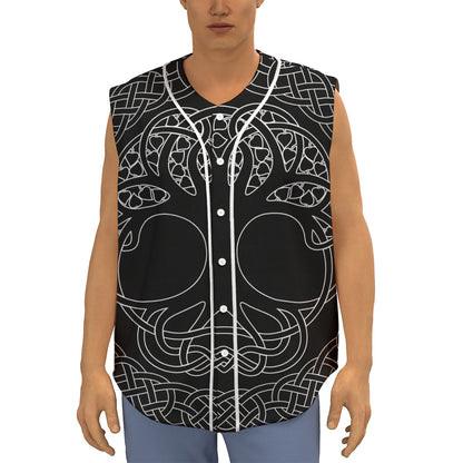 Black And White Viking Yggdrasil Print Sleeveless Baseball Jersey