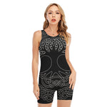 Black And White Viking Yggdrasil Print Sleeveless One Piece Swimsuit