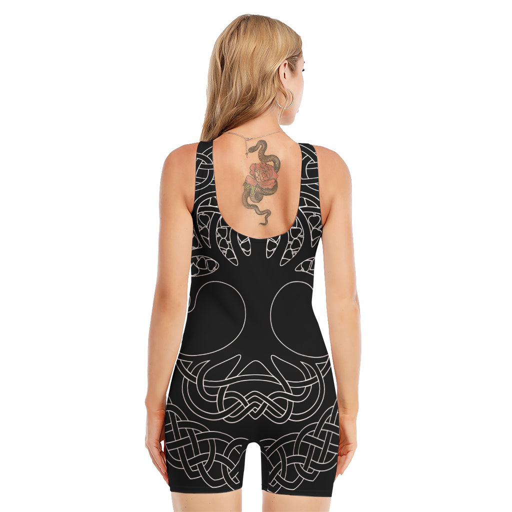 Black And White Viking Yggdrasil Print Sleeveless One Piece Swimsuit
