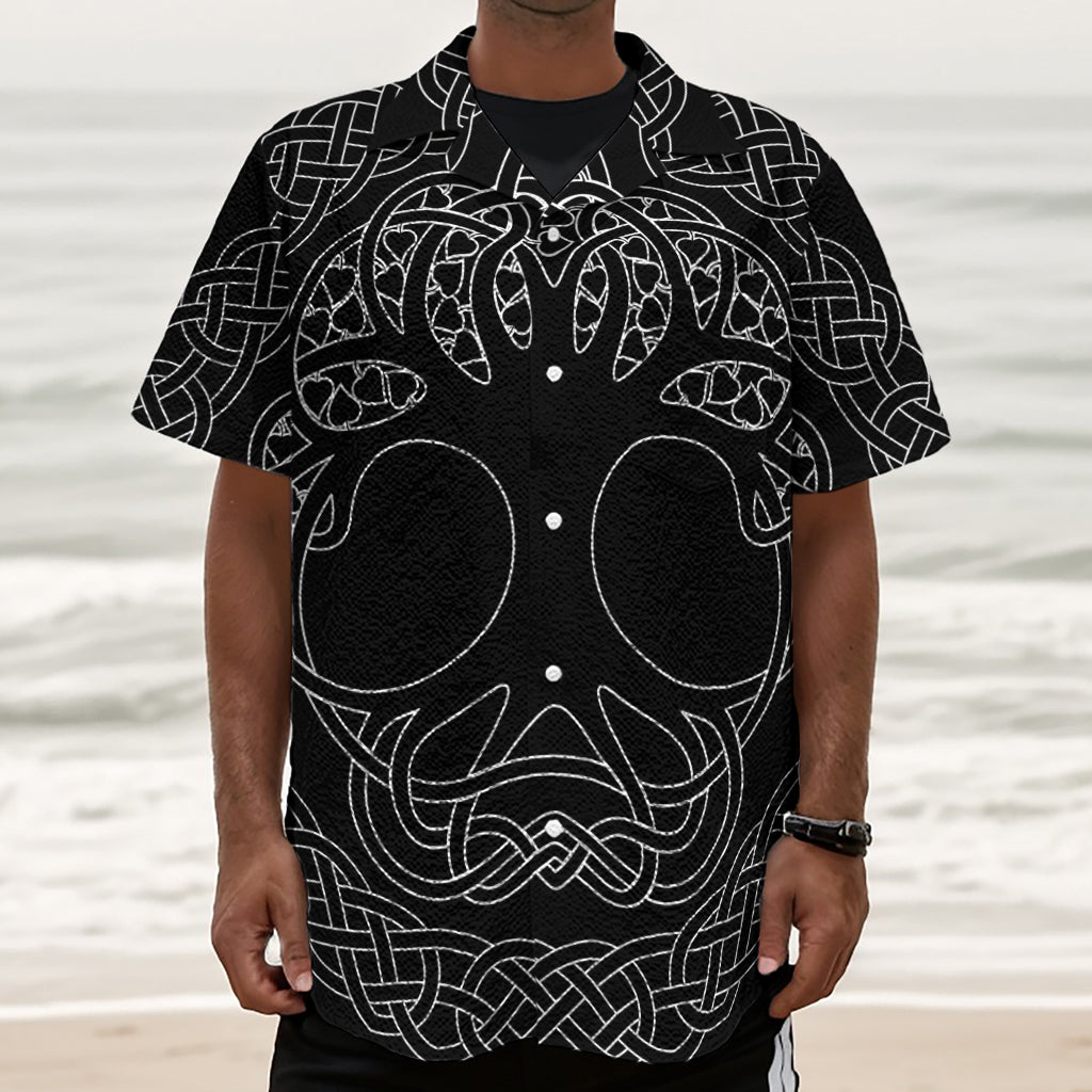 Black And White Viking Yggdrasil Print Textured Short Sleeve Shirt