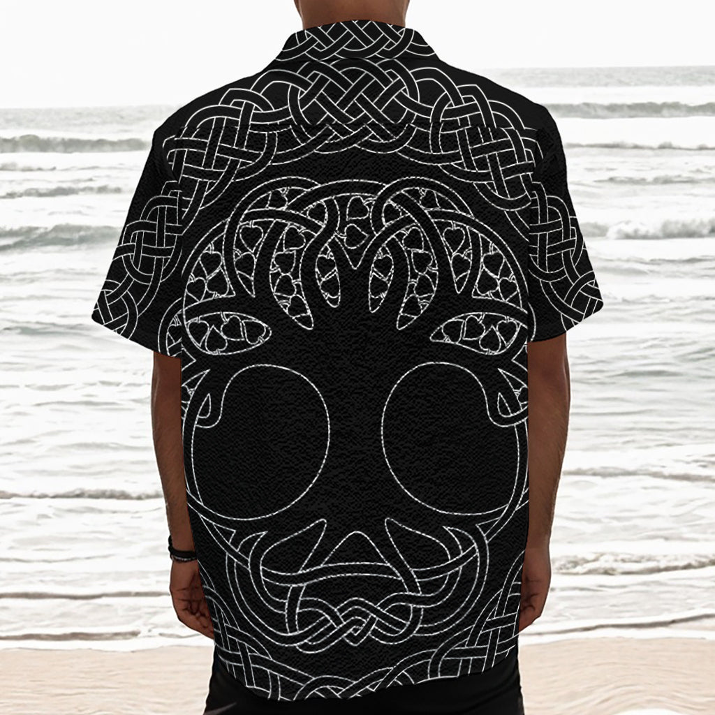 Black And White Viking Yggdrasil Print Textured Short Sleeve Shirt