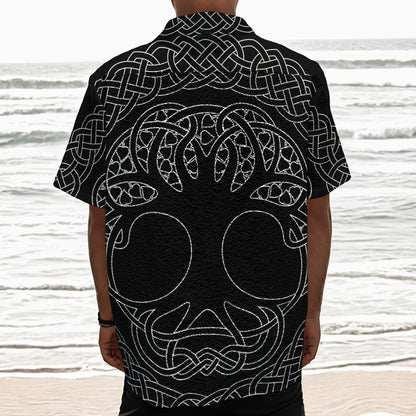 Black And White Viking Yggdrasil Print Textured Short Sleeve Shirt