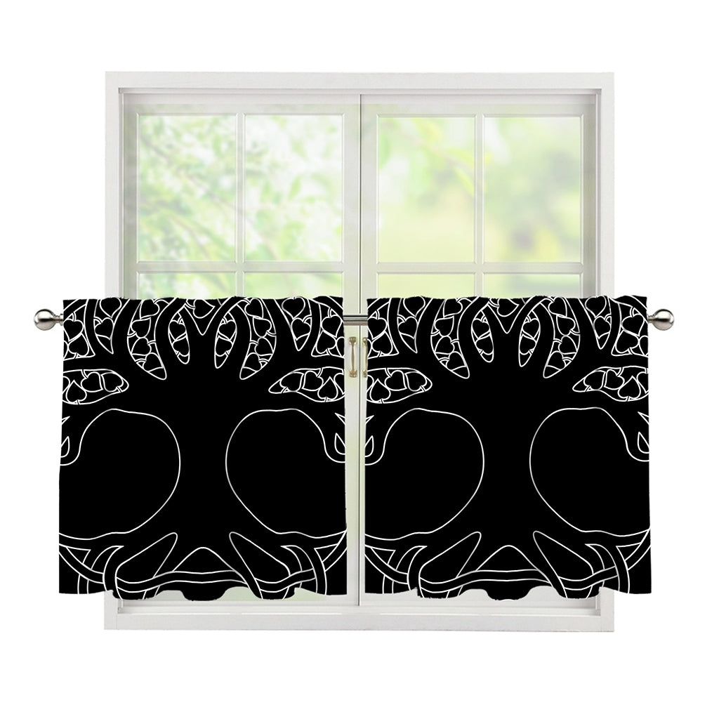 Black And White Viking Yggdrasil Print Tier Curtains