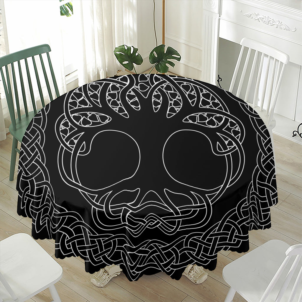 Black And White Viking Yggdrasil Print Waterproof Round Tablecloth