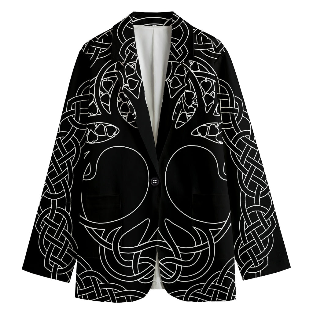Black And White Viking Yggdrasil Print Women's Blazer