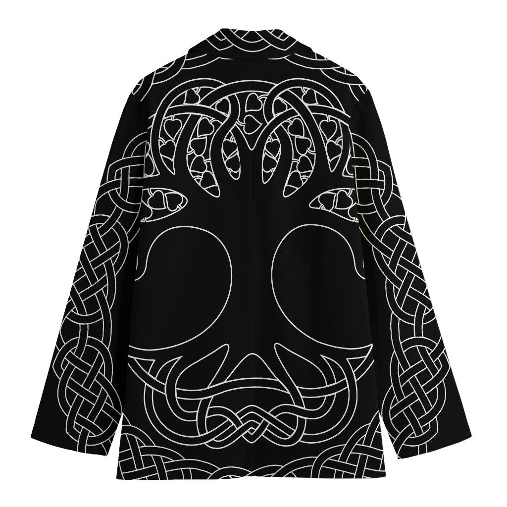 Black And White Viking Yggdrasil Print Women's Blazer