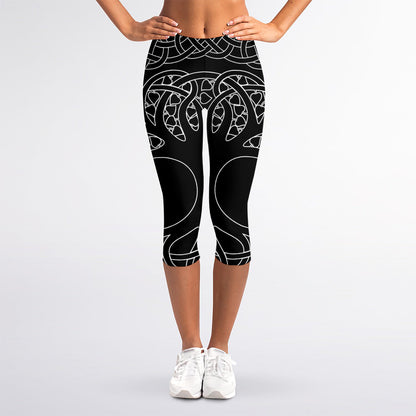 Black And White Viking Yggdrasil Print Women's Capri Leggings