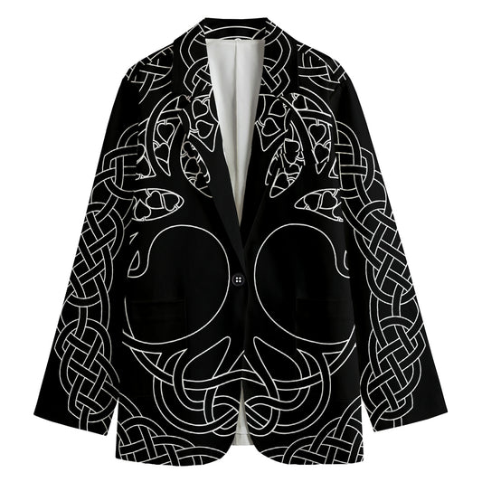 Black And White Viking Yggdrasil Print Women's Cotton Blazer