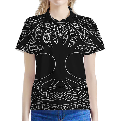 Black And White Viking Yggdrasil Print Women's Polo Shirt