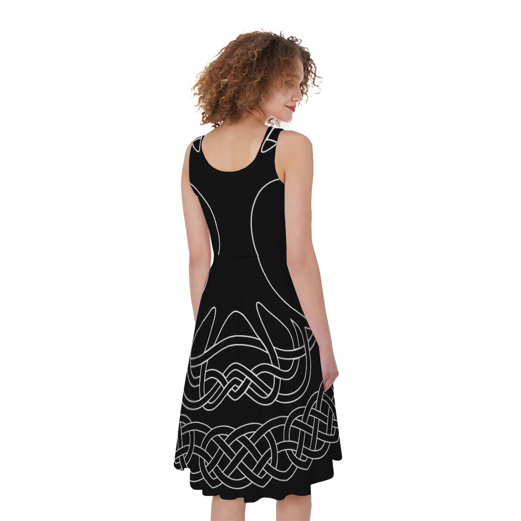 Black And White Viking Yggdrasil Print Women's Sleeveless Dress