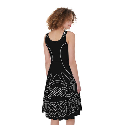 Black And White Viking Yggdrasil Print Women's Sleeveless Dress
