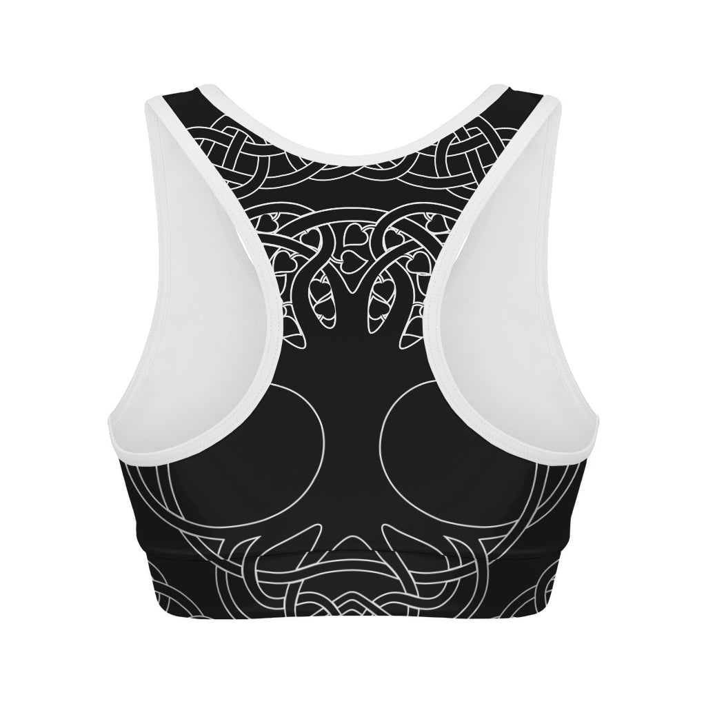 Black And White Viking Yggdrasil Print Women's Sports Bra
