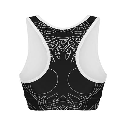 Black And White Viking Yggdrasil Print Women's Sports Bra