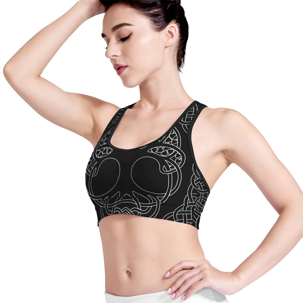 Black And White Viking Yggdrasil Print Women's Sports Bra