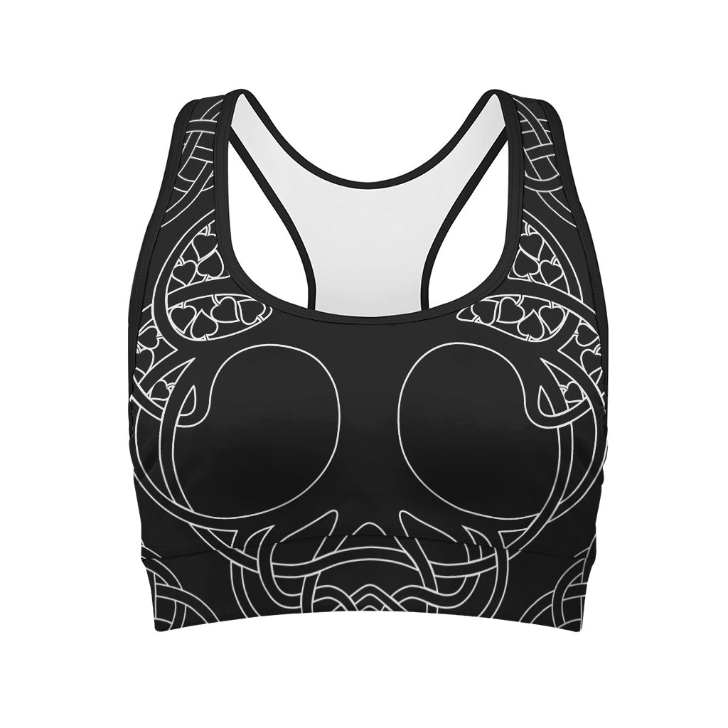 Black And White Viking Yggdrasil Print Women's Sports Bra
