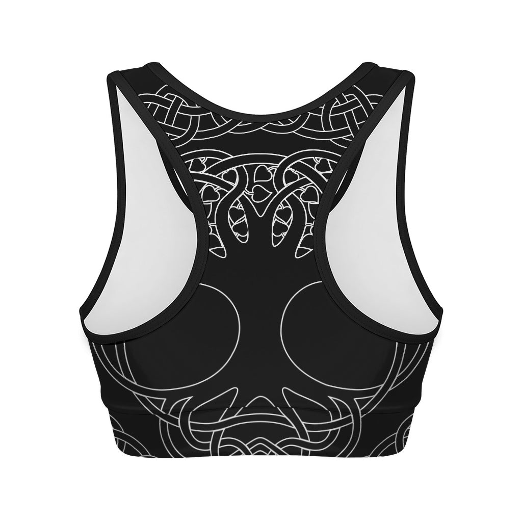 Black And White Viking Yggdrasil Print Women's Sports Bra