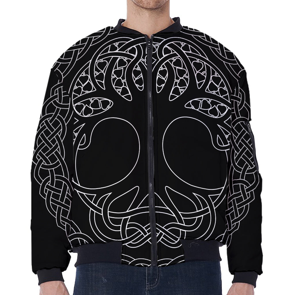 Black And White Viking Yggdrasil Print Zip Sleeve Bomber Jacket