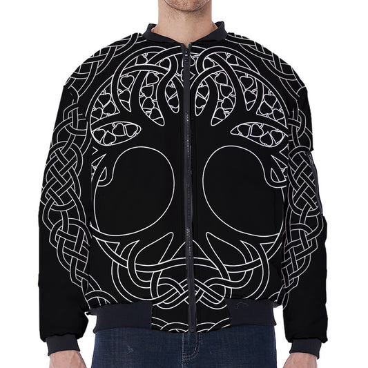Black And White Viking Yggdrasil Print Zip Sleeve Bomber Jacket