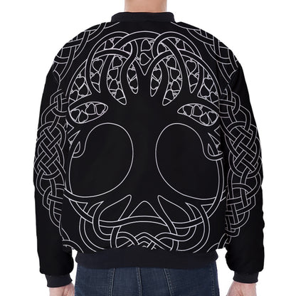 Black And White Viking Yggdrasil Print Zip Sleeve Bomber Jacket